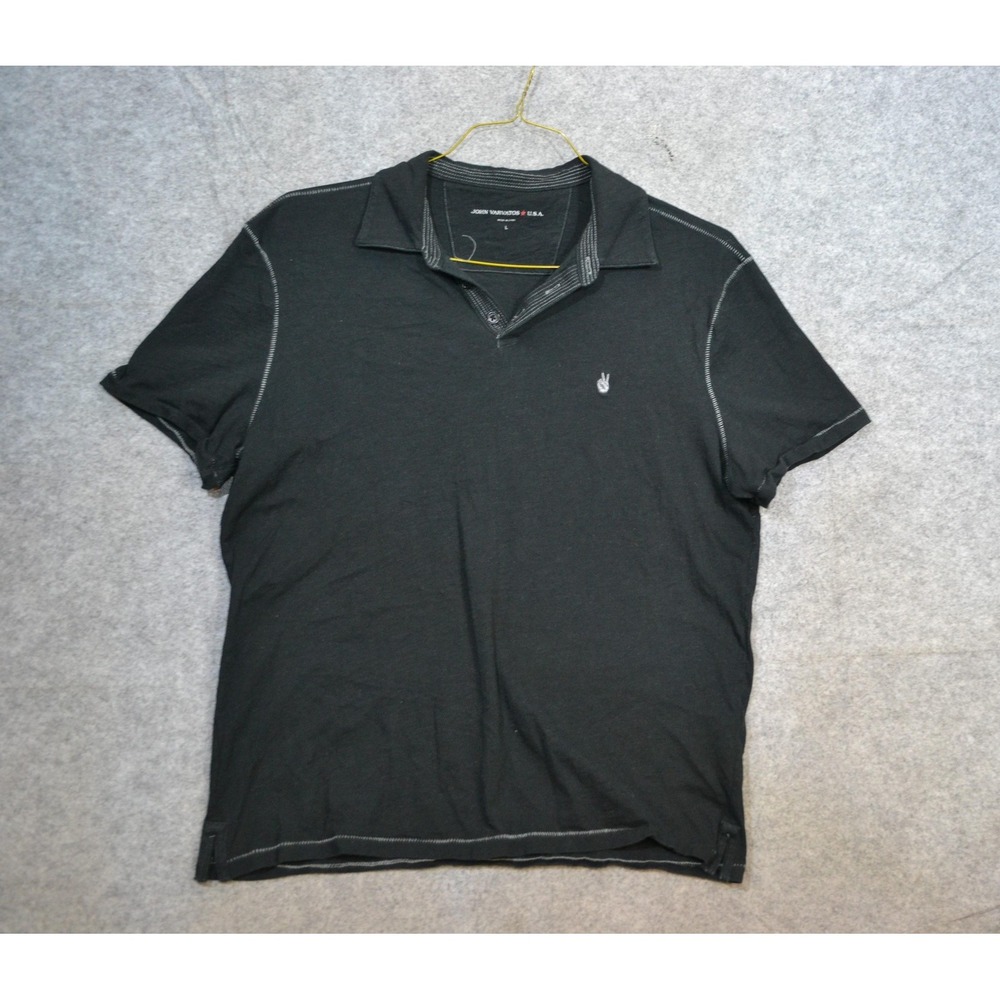 John Varvatos U.S.A. Polo Shirt Mens L Black Cotton Jersey Peace Logo Casual
